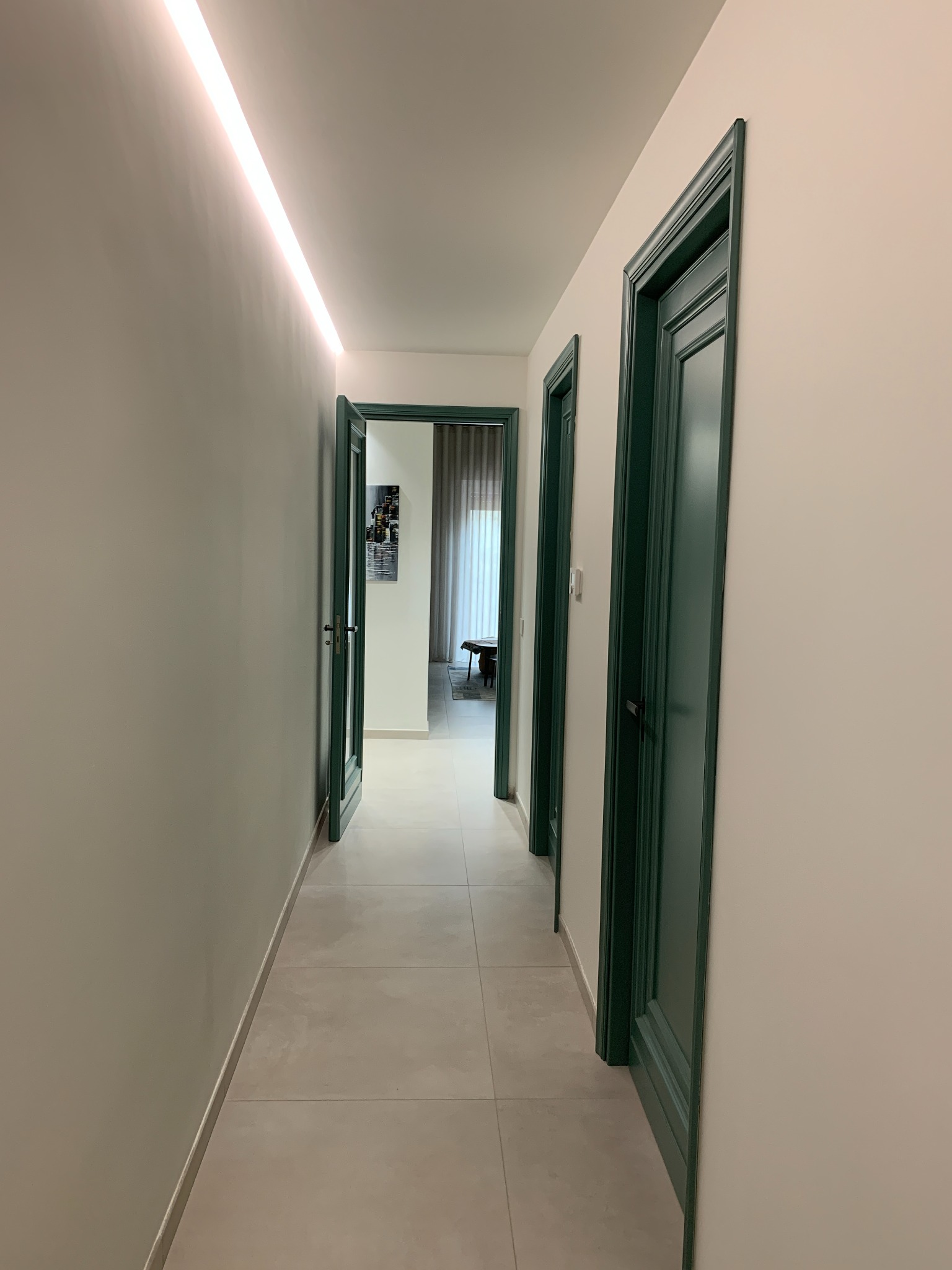 Disimpegno con porte verde scuro e illuminazione lineare